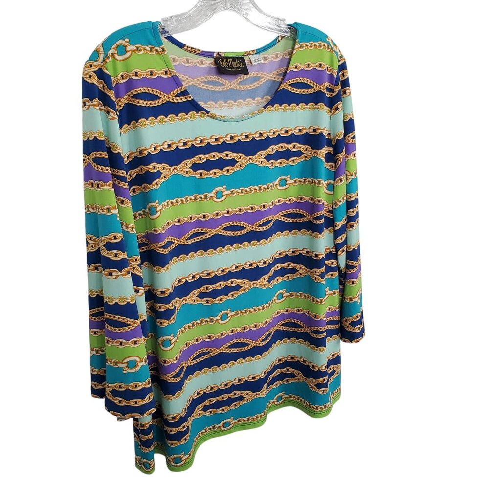Bob Mackie Wearable Art L Tunic Top Chain Print Multicolor Liquid Knit Pullover